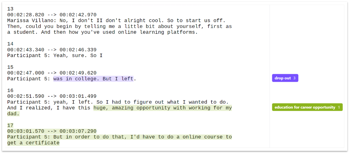 Transcript view in Dovetail. Timestamped lines of a session with Participant 5 are highlighted, and each highlight carries a tag in the margin: the line about having been in college but leaving is tagged drop out, and the lines about an opportunity working for a parent and needing an online course for a certificate are tagged education for career opportunity.