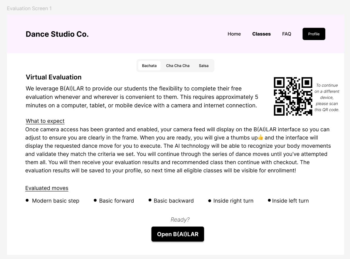 Virtual Evaluation intro explaining that B(AI)LAR gives students flexibility to complete a free evaluation whenever and wherever, needing about 5 minutes on a device with a camera and internet. A QR code sits at the top right to continue on a different device. A What to expect section describes granting camera access, adjusting to be in frame, giving a thumbs up, executing each requested move while the AI validates it, then receiving results and a recommended class saved to the profile. An Evaluated moves list gives modern basic step, basic forward, basic backward, inside right turn and inside left turn, above an Open B(AI)LAR button.