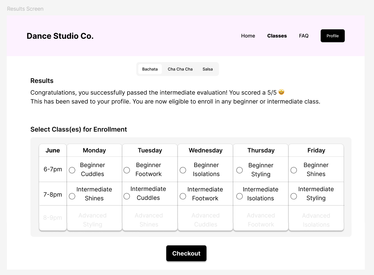 Results screen congratulating the client on passing the intermediate evaluation with a score of 5/5, noting the result has been saved to their profile and that they are now eligible for any beginner or intermediate class. Below, Select Class(es) for Enrollment shows the June schedule as a table of Monday to Friday against three time slots, with a radio button beside each 6-7pm beginner and 7-8pm intermediate class; the 8-9pm advanced row is greyed out and unselectable. A Checkout button sits below.