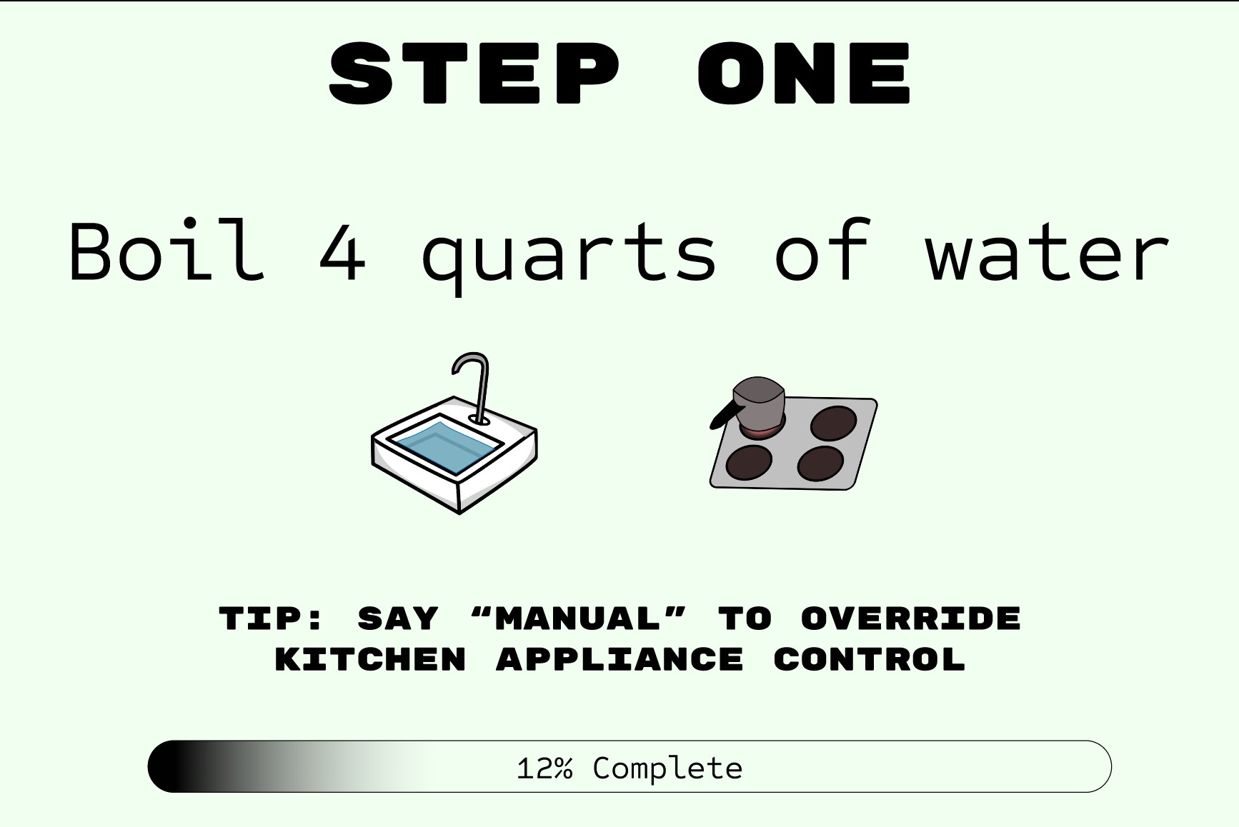 Recipe step screen headed Step One, reading boil 4 quarts of water, with sink and stovetop icons, a tip reading say manual to override kitchen appliance control, and a progress bar showing 12% complete.