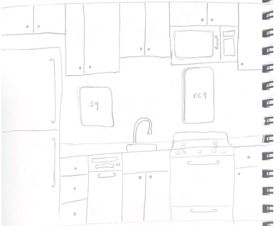 Pencil sketch of a kitchen drawn approximately to scale on notebook paper, showing upper and lower cabinets, a refrigerator, a sink with faucet, a stove and an oven, with paper cut-outs labelled sq and rct placed on the wall and cabinet to test interface shapes and positions.