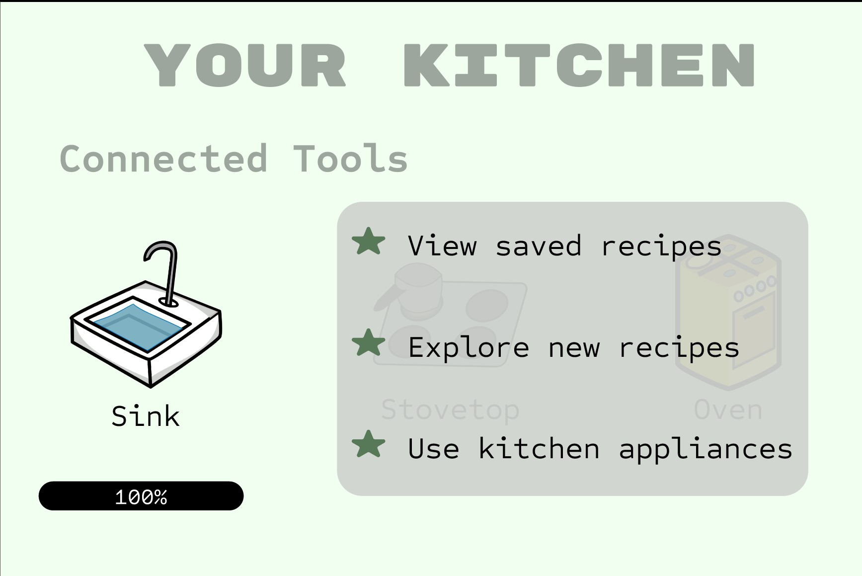 Your Kitchen screen with the sink selected and filled to 100 percent, the stovetop and oven dimmed, and a panel of starred commands: view saved recipes, explore new recipes, and use kitchen appliances.
